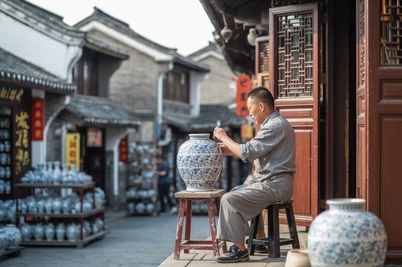 hombre trabajando porcelana en Jingdezhen, China