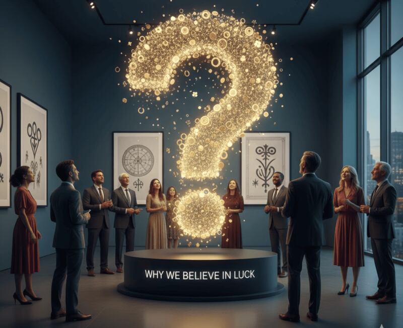 personas en un salón, cuadros en la pared con mantras y símbolos de la suerte, signo de interrogación, ventanal, edificios