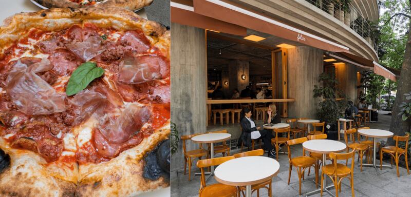 pizza napolitana tradicional, restaurante, mesas y sillas de madera, árbol, plantas, personas comiendo