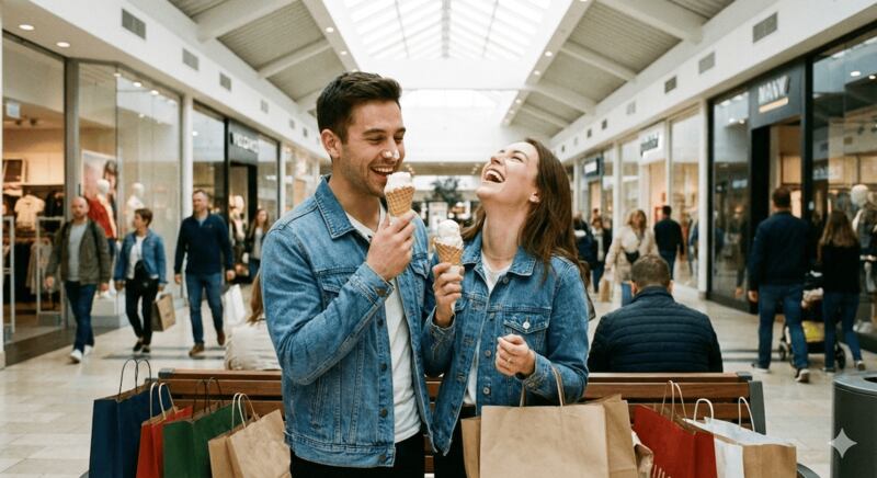 pareja tomando un helado en un centro comercial, locales, bolsas de copras, personas