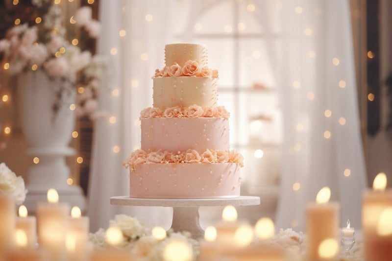 pastel de bodas de color decorado con rosas, velas, jarrón con flores, cortinas blancas