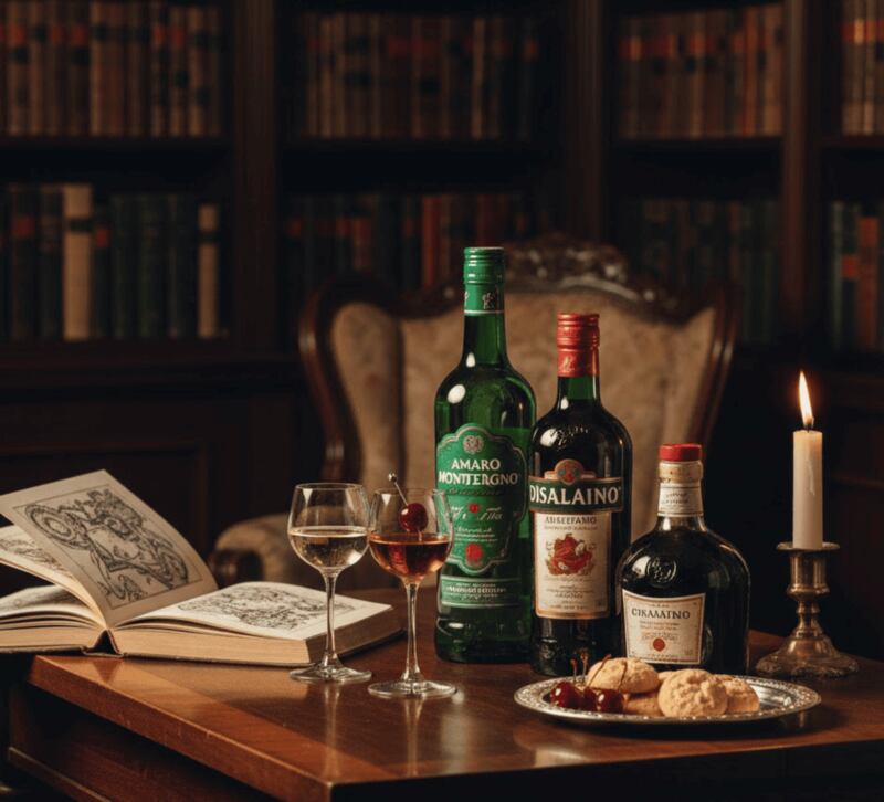 mesa y librero de madera, libros, copas, licores y digestivos italianos, vela, aperitivos