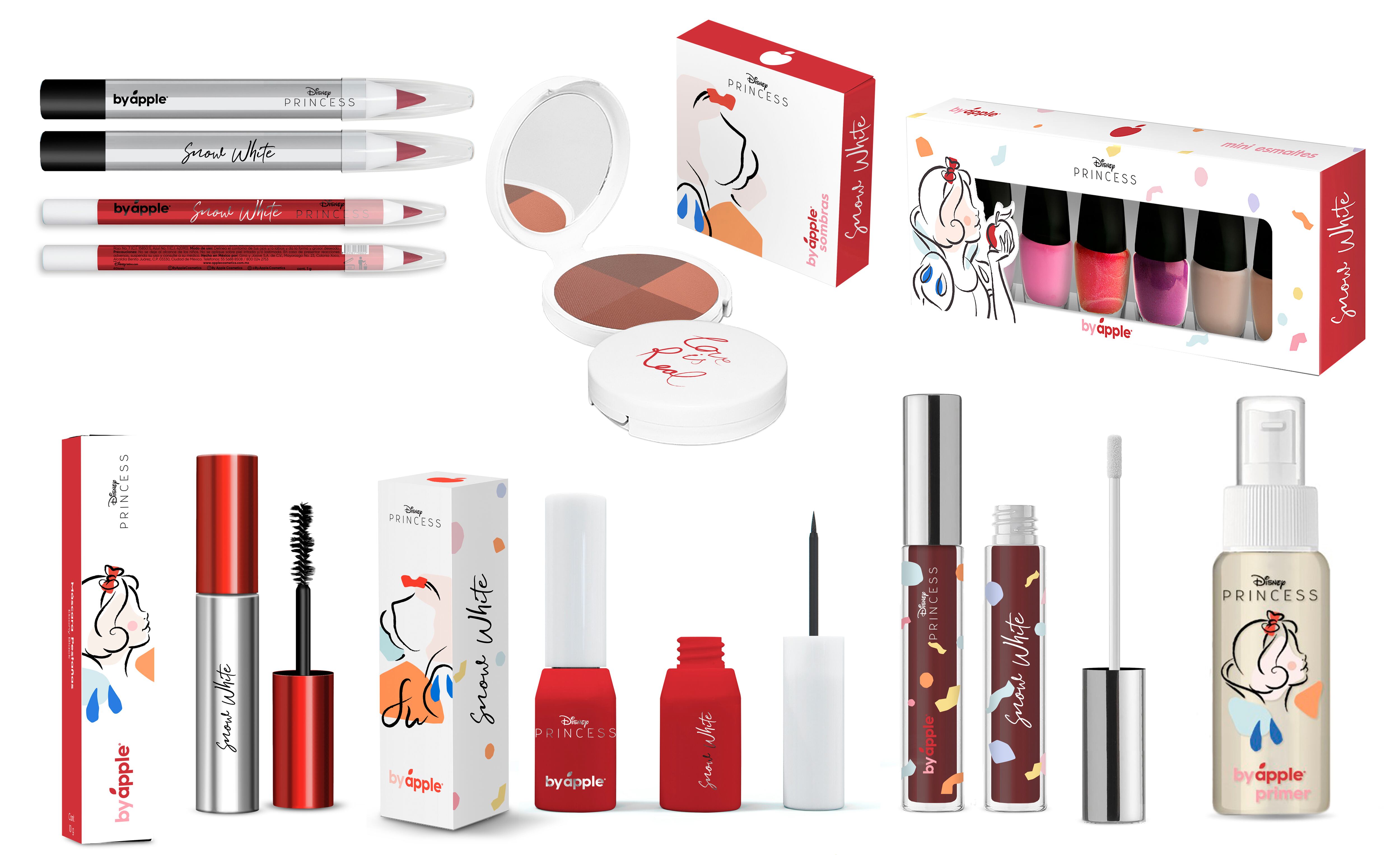 Blanca Nieves: una máscara de pestañas en negro, delineador negro, un lápiz para labios rojo y un crayón carmín. Un lip gloss rojo y una paleta de sombras con cuatro tonos entre el nude y el beige.