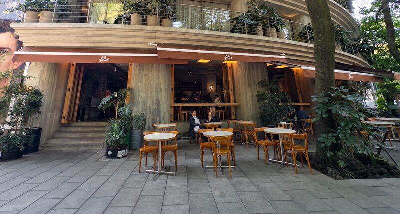 restaurante en la colonia condesa, mesas y sillas de madera, plantas, árbol, personas comiendo, pizzas