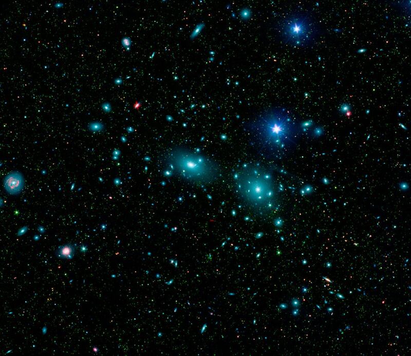 Imagen en falso color de la región central del cúmulo de Coma donde se combinan imágenes infrarrojas y de luz visible para revelar miles de galaxias muy tenues (en color verde).