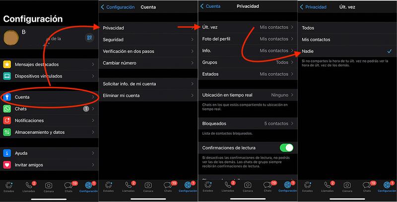como ocultar tu ultima conexión en WhatsApp