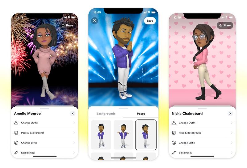 menu de poses bitmoji 3D snapchat