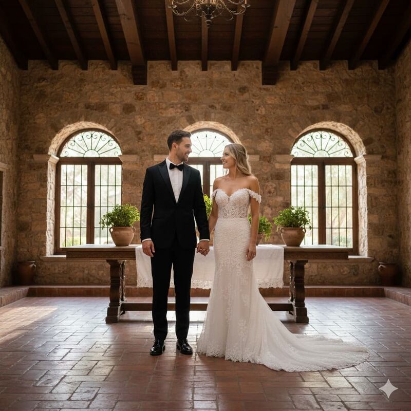 pareja en foto de boda, salón de fiestas, ventanales, macetas
